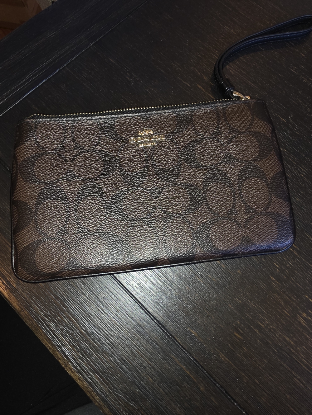 Coach Brown Signature Wristlet Pouch with Gold Logo